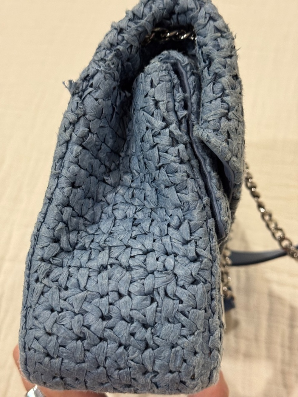 Sandro Raffia YZA Blue Woven Shoulder Bag with Chain Strap - Picture 6 of 8